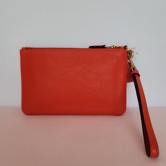 COACH Small Wristlet in Polished Pebbled Leather -Red Orange - Picture 8 of 16